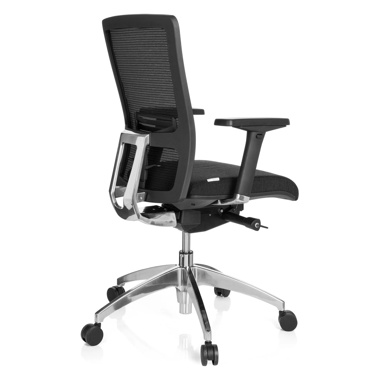 Black Professional Office Chair ASTRA BASE N with mesh back and glossy five-caster base by hjh OFFICE – 360-degree view (rear three-quarter view 120°)