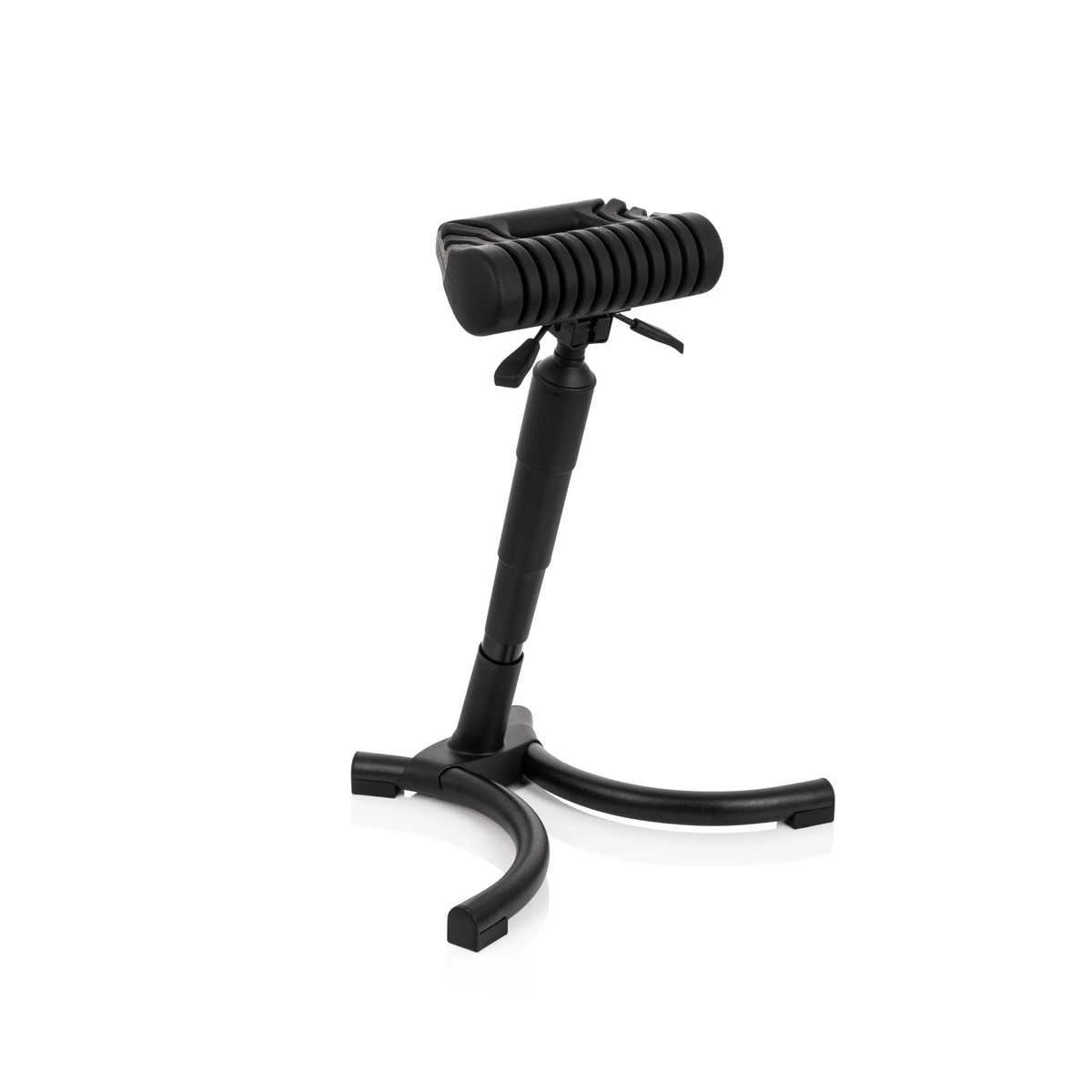Black standing aid TOP WORK 33 with padded seat and three-legged base by hjh OFFICE – 360-degree view (front three-quarter view 40°)