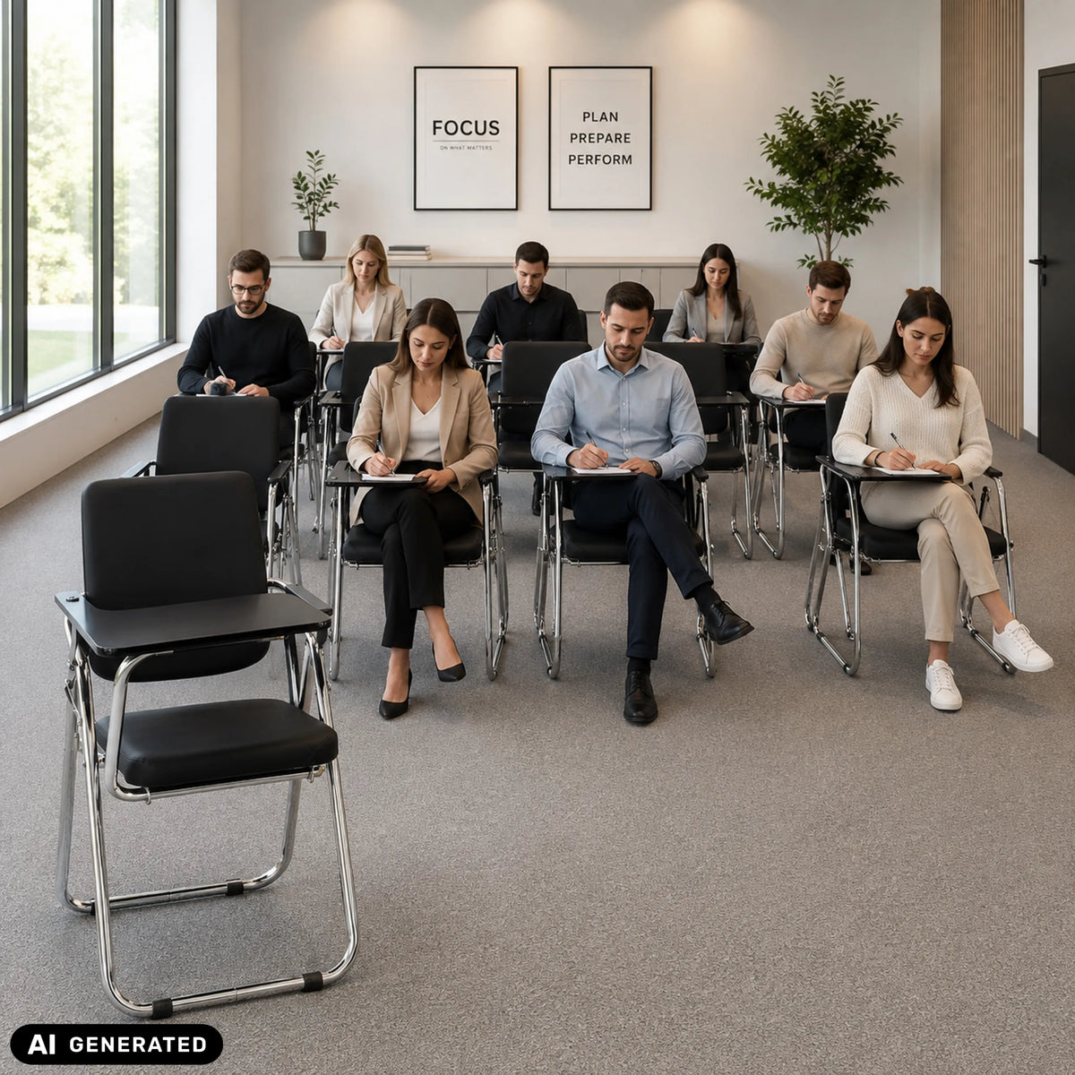 Black Esto T folding chair with integrated writing tablet and metal frame in a training room by hjh OFFICE