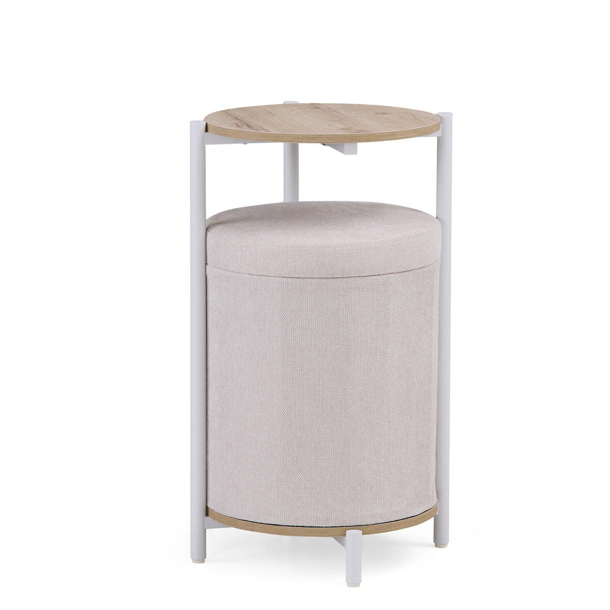 Two cylindrical Nestup 1 side tables with removable padded lids in a light grey tone by hjh LIVING