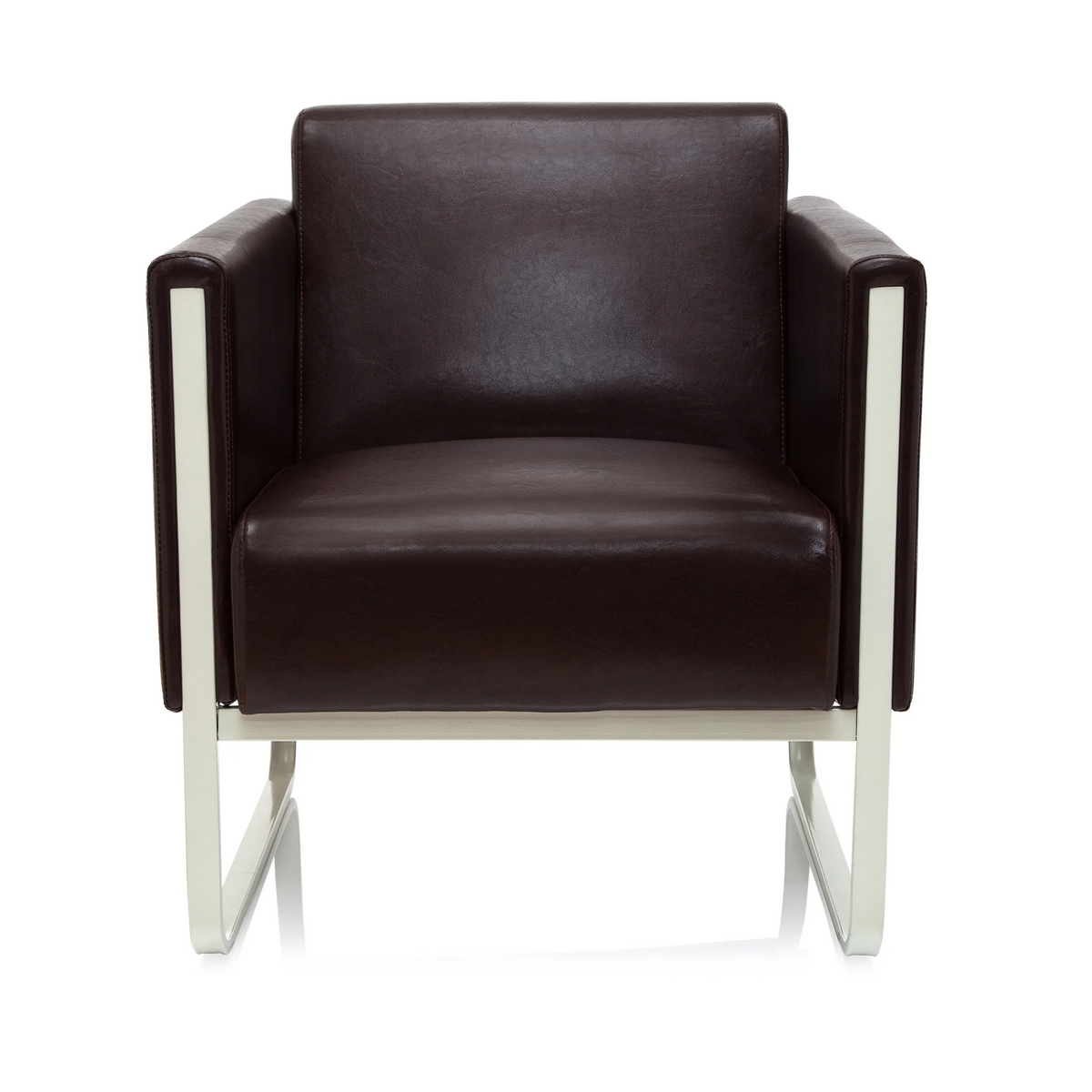 Brown upholstered armchair ARUBA with white metal frame by hjh OFFICE – 360-degree view (front view 0°)