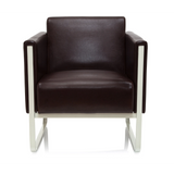 Brown upholstered armchair ARUBA with white metal frame by hjh OFFICE – 360-degree view (front view 0°)