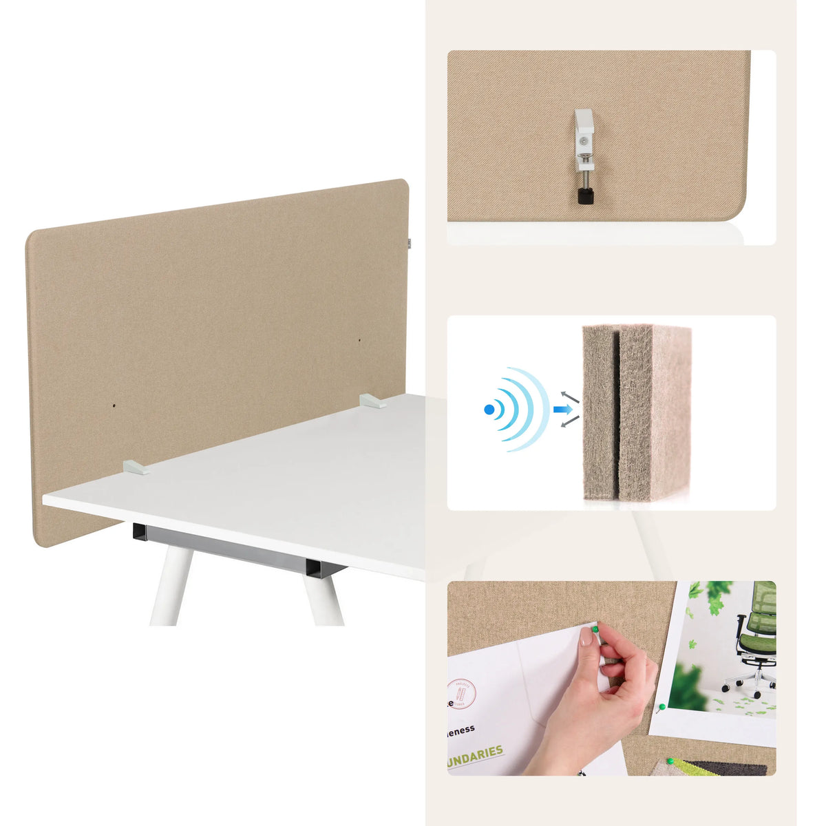 Beige FLEXMIUT D1 table partitions with mounting clips, sound absorption symbol and pin function by hjh OFFICE