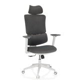 Grey Home Office Chair ERGOMY WF with fabric upholstery, white frame and five-caster base by MyBuero – 360-degree view (front three-quarter view 30°)