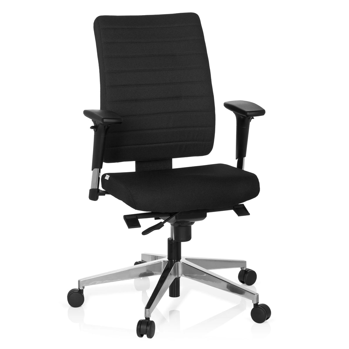 Black Professional Office Chair PRO-TEC 350 with armrests and silver five-caster base by hjh OFFICE – 360-degree view (front view 20°)