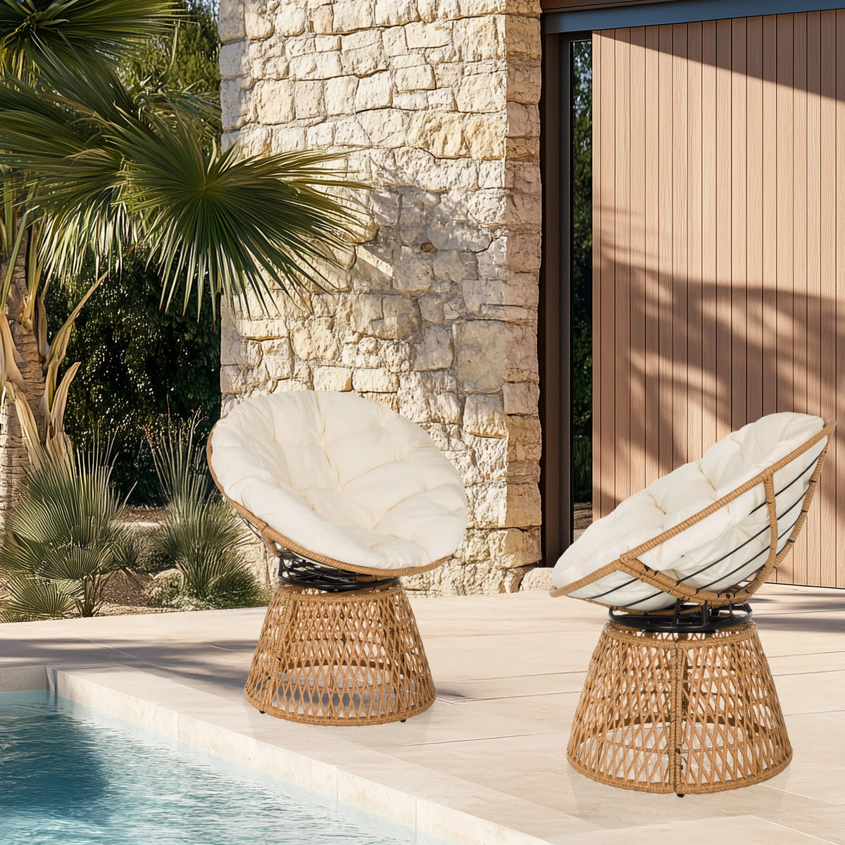 Two WEAVORA outdoor chairs in beige with woven frames and white cushions in an outdoor setting by hjh LIVING