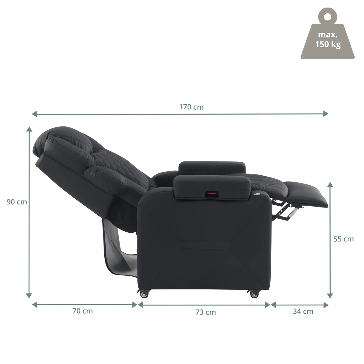 Dimensional drawing of the Lounge Chair Game Sport RX with 170 cm total length and 90 cm height by hjh OFFICE