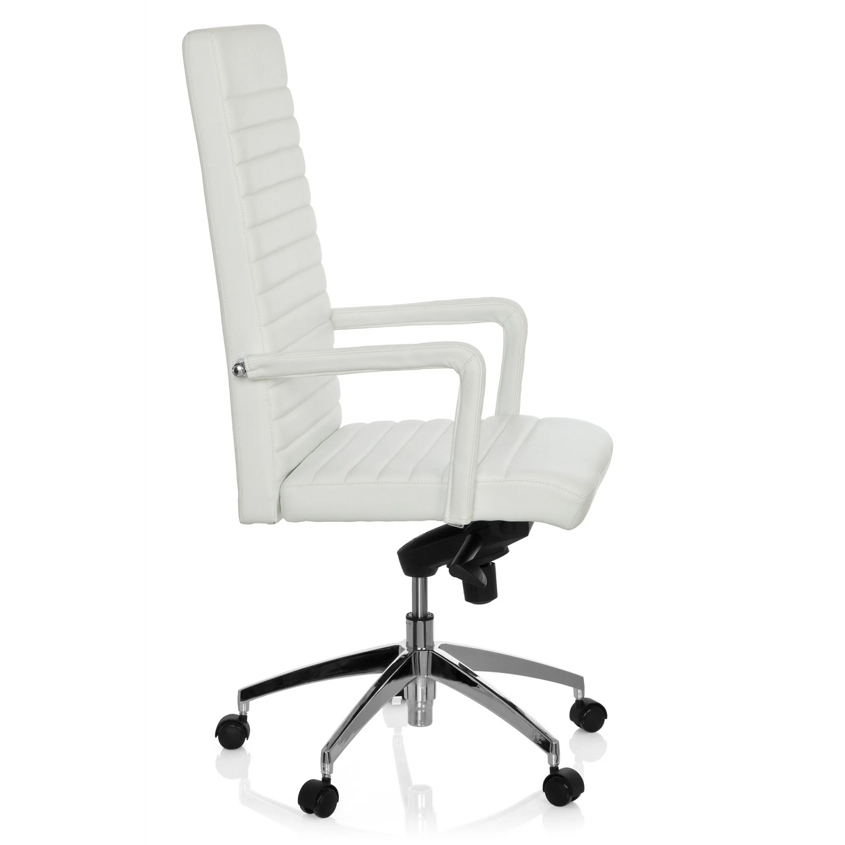White Professional Executive Chair LENGA with horizontal stitching and five-caster base by hjh OFFICE – 360-degree view (side profile 80°)