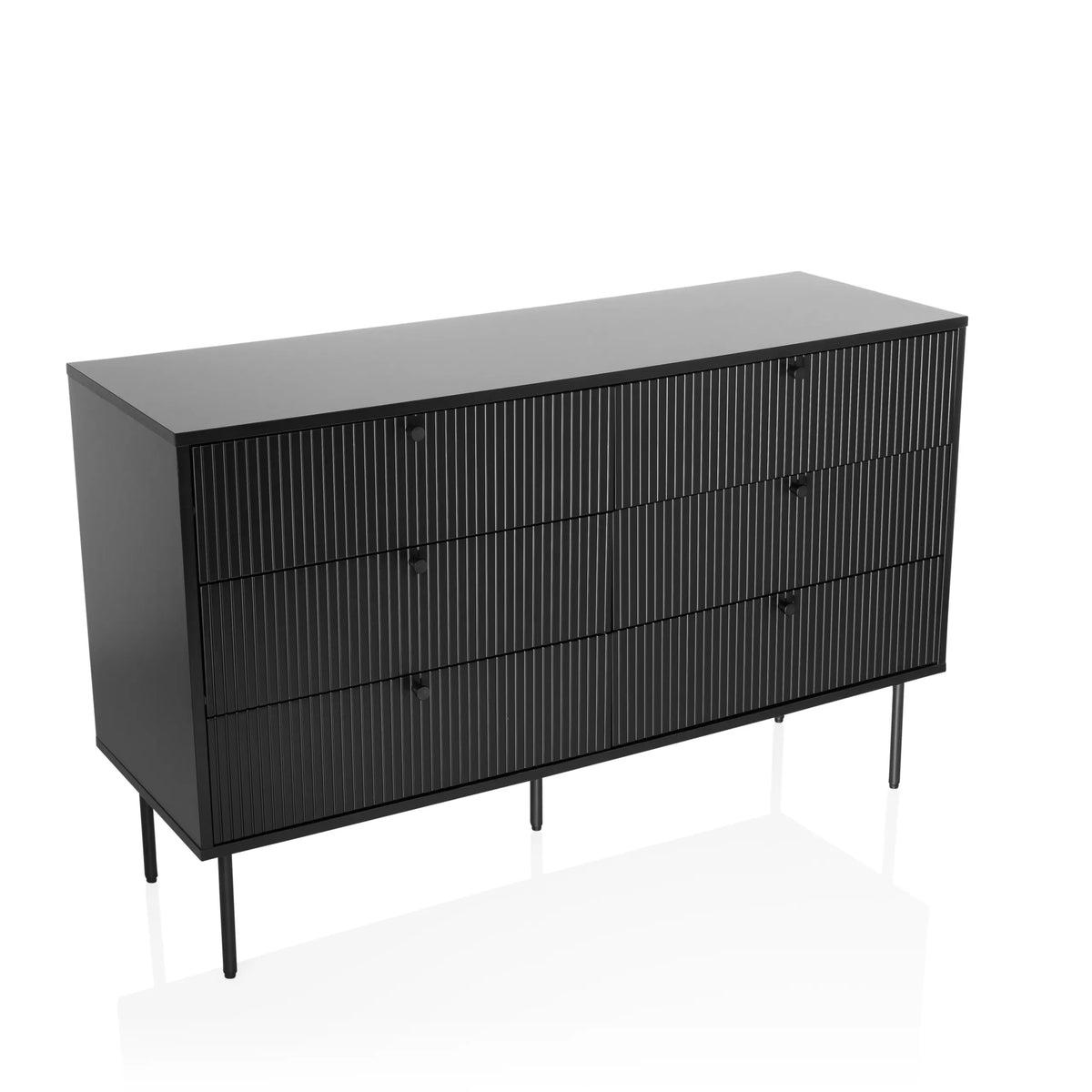 Black Sideboard KARBY S with vertically ribbed fronts and six knob handles by hjh LIVING – 360-degree view (front view 15°)