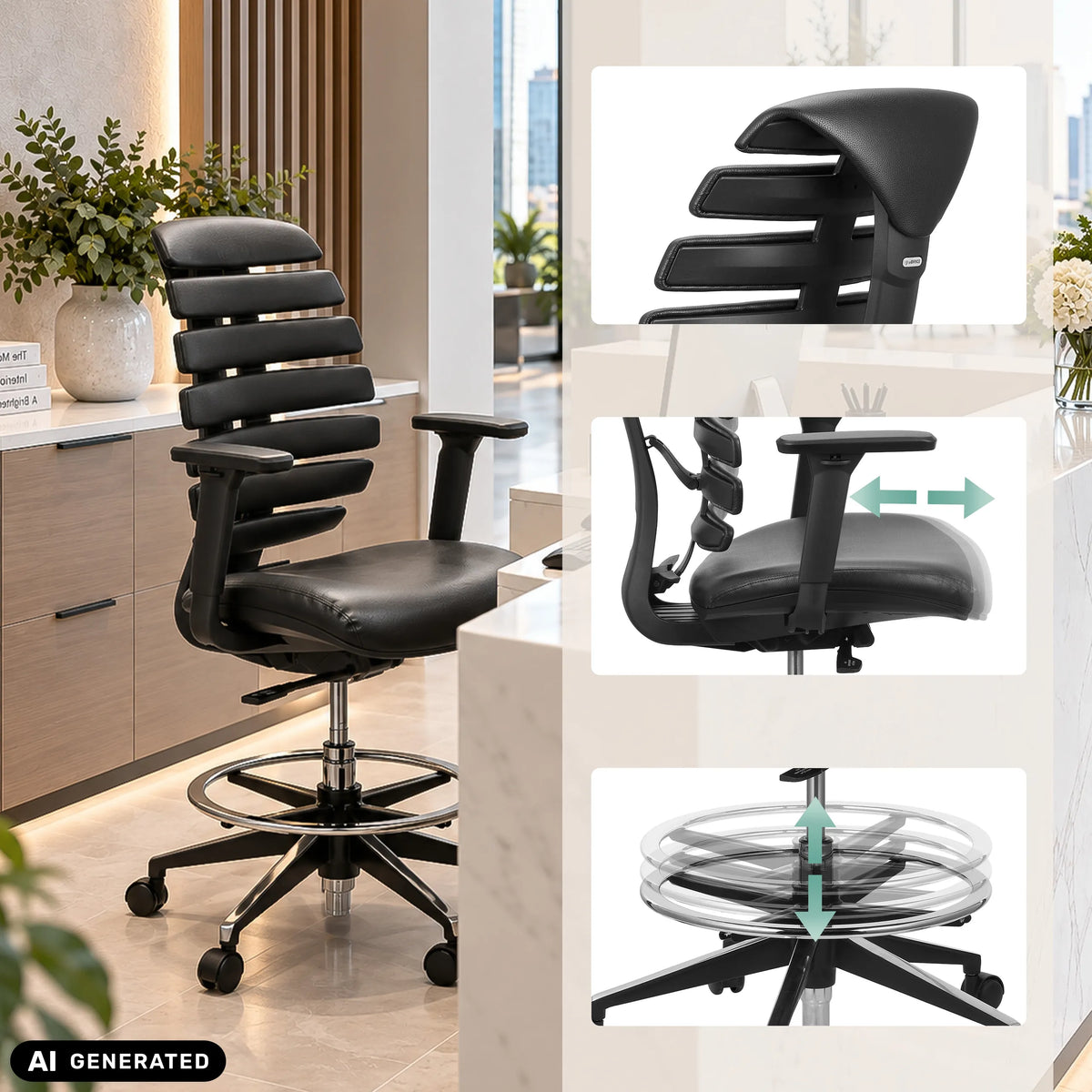 Black leather counter chair ERGO LINE II WORK with foot ring and adjustable armrests by hjh OFFICE (AI-generated image)