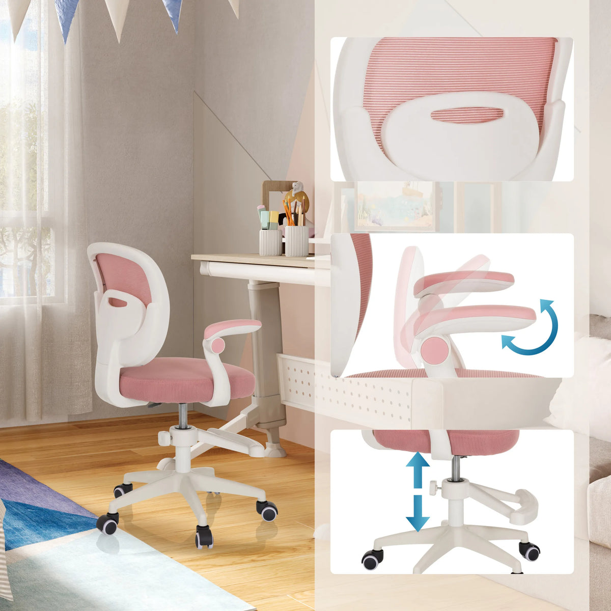 Children's Swivel Chair KIDDY SMART in pink with adjustable seat height and pivoting armrests by hjh OFFICE