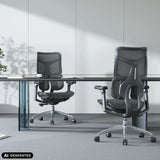 Two black S100-M301 professional office chairs with mesh backrests at a desk by Sihoo (AI-generated image)