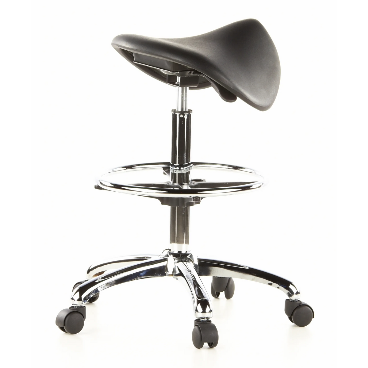 Black Saddle stool TOP WORK 13 with foot ring and five-caster base by hjh OFFICE – 360-degree view (rear three-quarter view 120°)