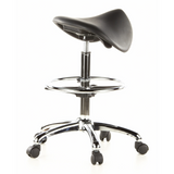 Black Saddle stool TOP WORK 13 with foot ring and five-caster base by hjh OFFICE – 360-degree view (rear three-quarter view 120°)