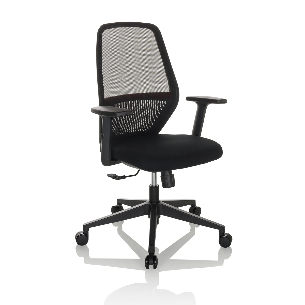 Black Professional Office Chair CARLOW I with mesh back and five-caster base by hjh OFFICE – 360-degree view (front three-quarter view 30°)