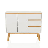 White Sideboard TAROLO I with three drawers, two doors and wooden legs by hjh LIVING – 360-degree view (front view 0°)