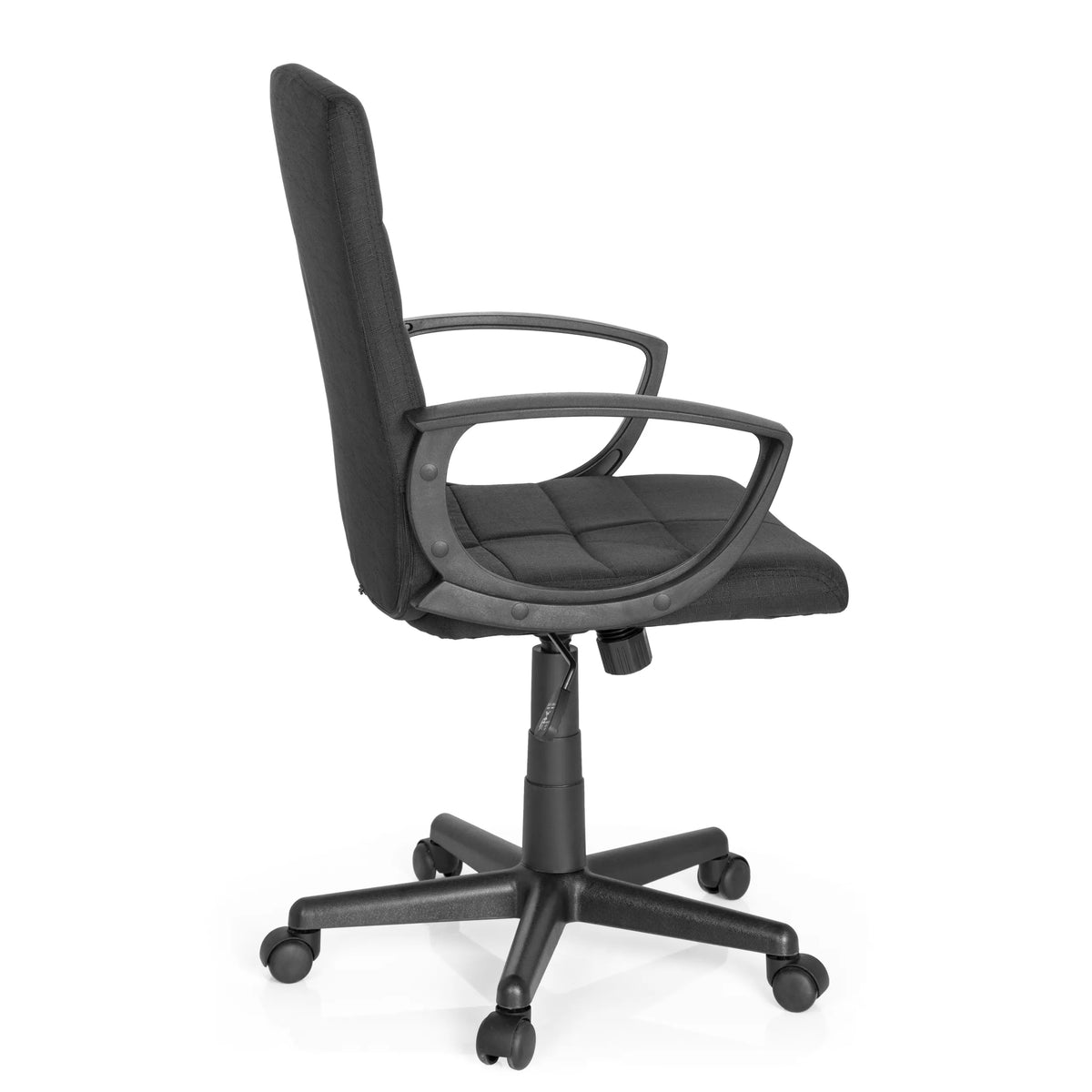 Black Home Office Chair STAR-TEC CL300 with armrests and five-caster base by MyBuero – 360-degree view (side profile 100°)