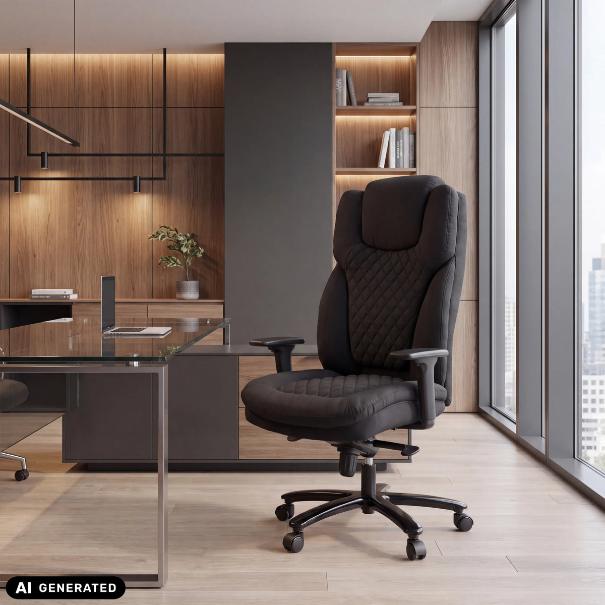 Black XXL Pullmann Gen2 swivel chair with quilted fabric upholstery and armrests in a modern office by hjh OFFICE