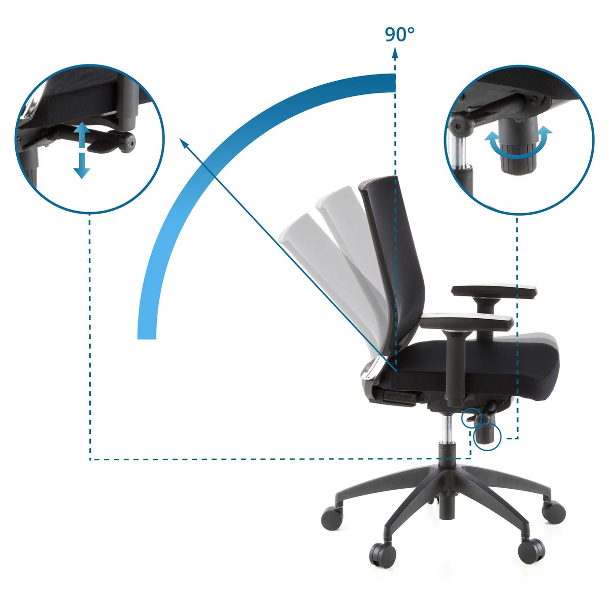 Adjustable backrest of the Professional Office Chair PORTO BASE with a tilt angle of 90° by hjh OFFICE