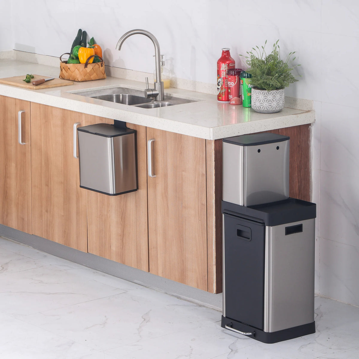 Wastepaper CLEAN 3 in silver with a 32 litre capacity in a kitchen by hjh OFFICE