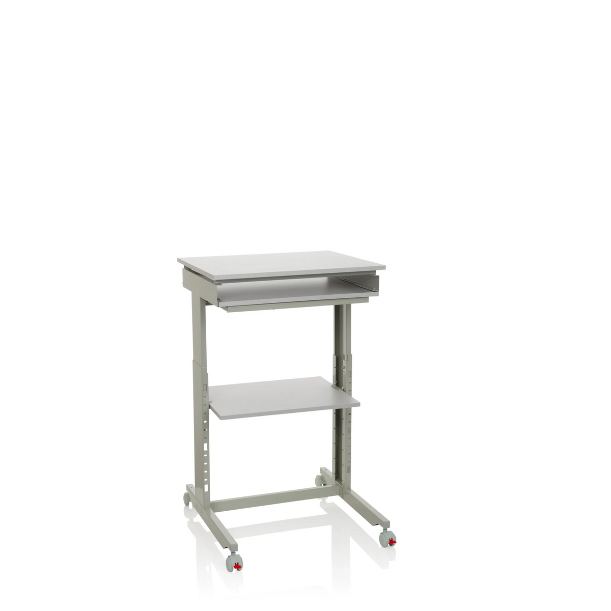 Grey Standing desk WORKSTATION with shelf and four casters by hjh OFFICE – 360-degree view (front view 20°)