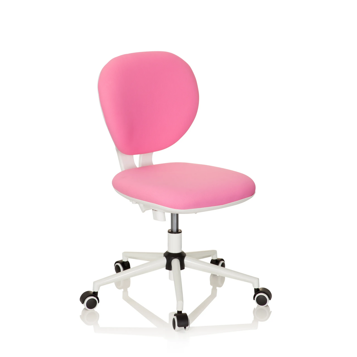 Pink Swivel Chair – Children KID VIVO with white base and five castors by hjh OFFICE – 360-degree view (front three-quarter view 40°)