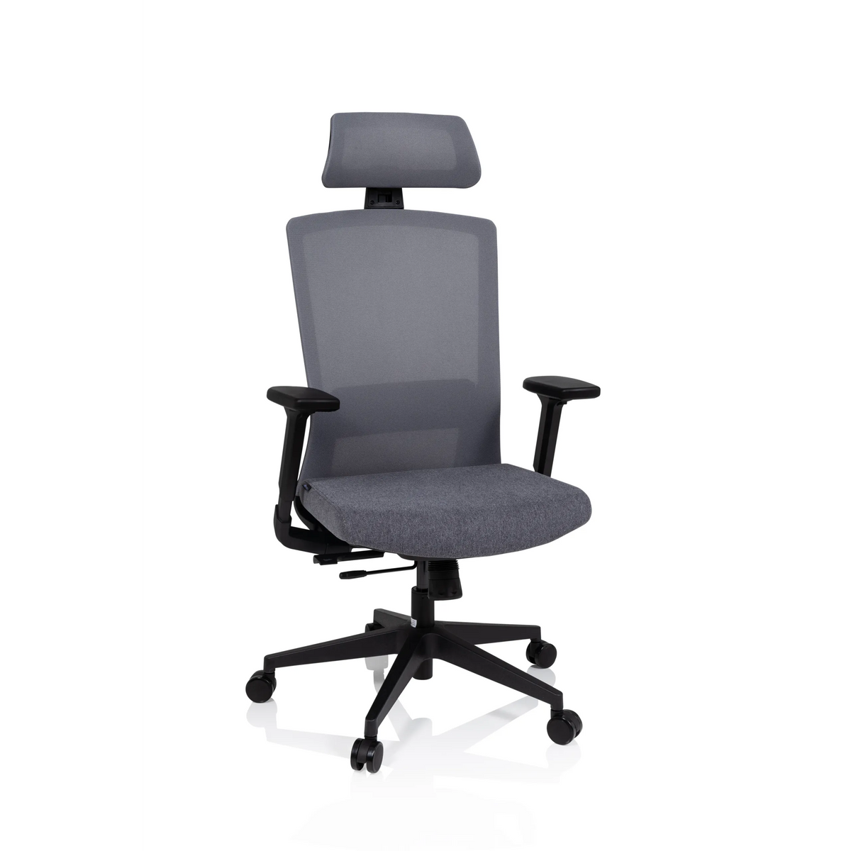 Grey Professional Office Chair CAPTIVO with mesh back, headrest and five-caster base by hjh OFFICE – 360-degree view (front view 20°)