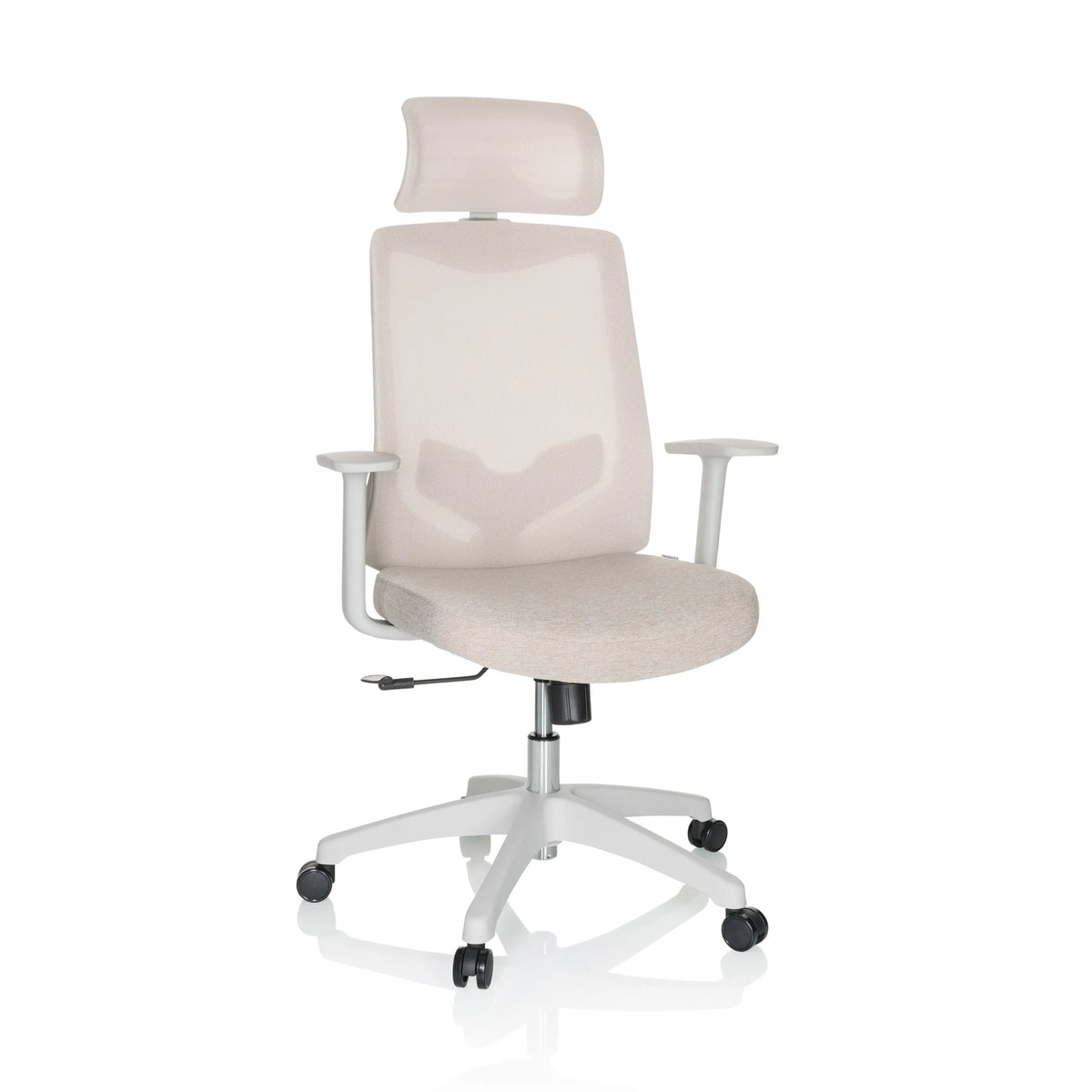 Beige Home Office Chair MIKEO W with headrest and white five-caster base by hjh OFFICE – 360-degree view (front view 15°)