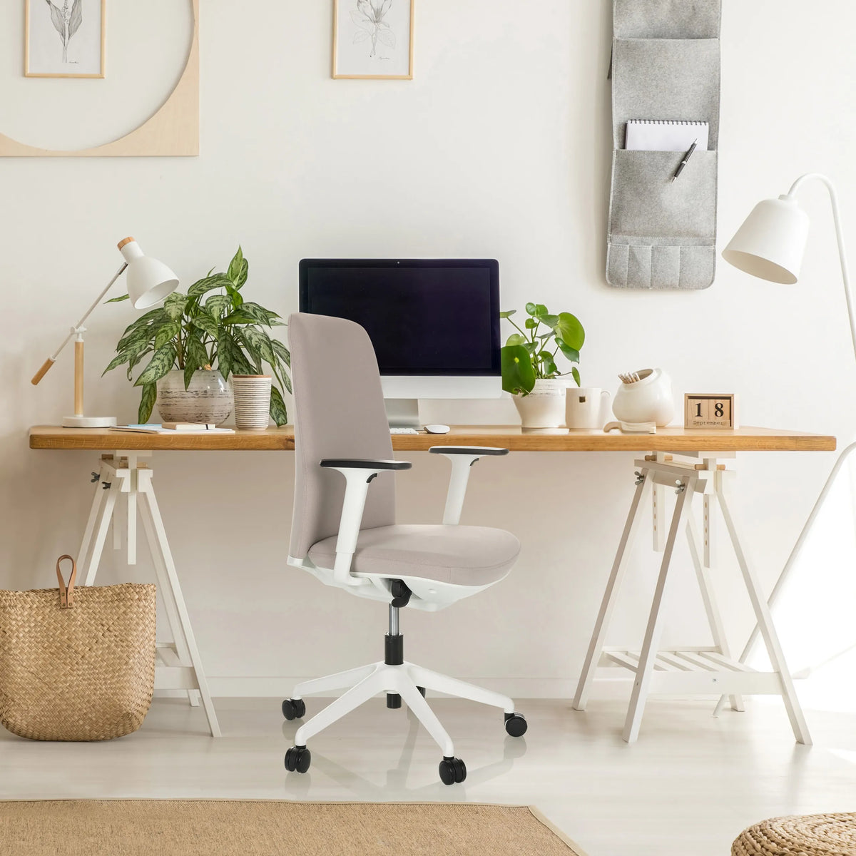 Beige Professional Office Chair NESTORA with white armrests and five-star base on castors by hjh OFFICE