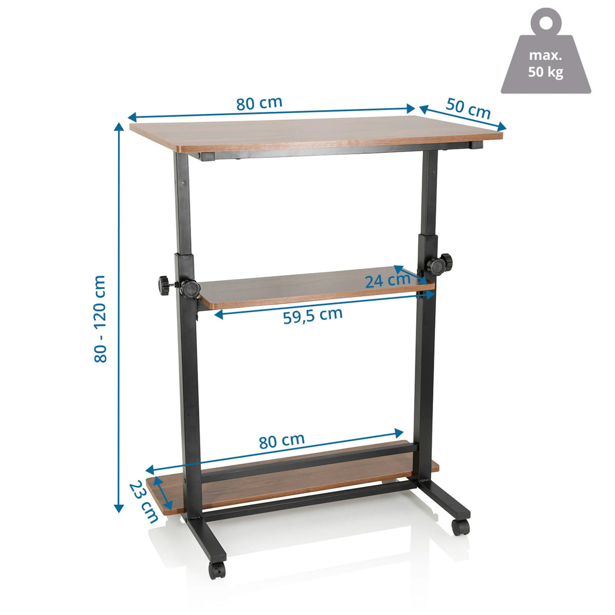 Dimensional drawing of the Standing desk WORKSTATION II with 80 × 50 cm and a height of 80 to 120 cm by hjh OFFICE