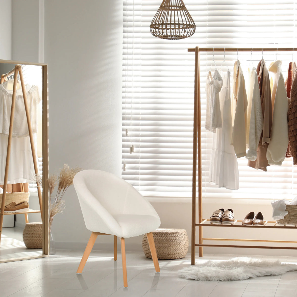 White upholstered chair SCANDI TED with light wooden legs in a bright room by hjh LIVING