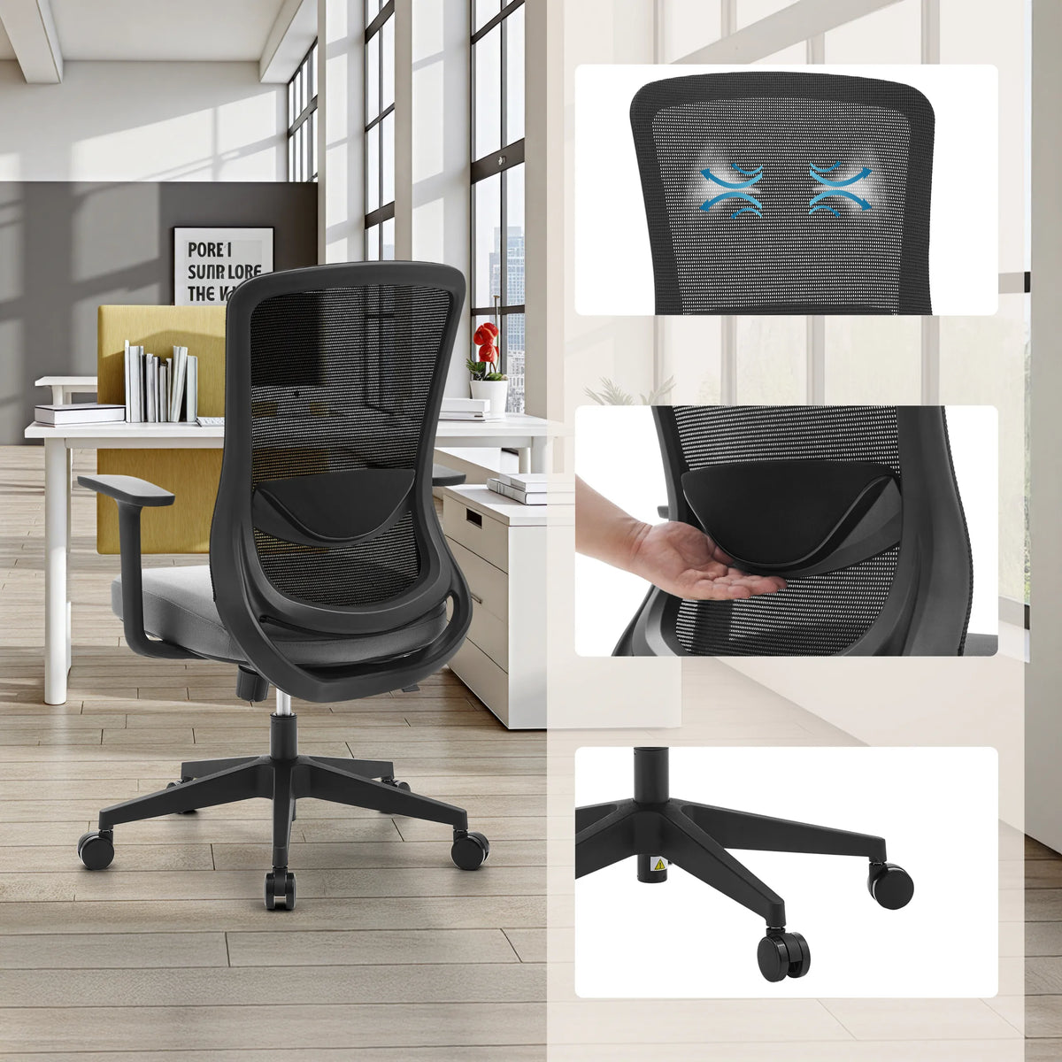 Black-grey Home Office Chair Sedito with mesh back, lumbar support and castors by hjh OFFICE