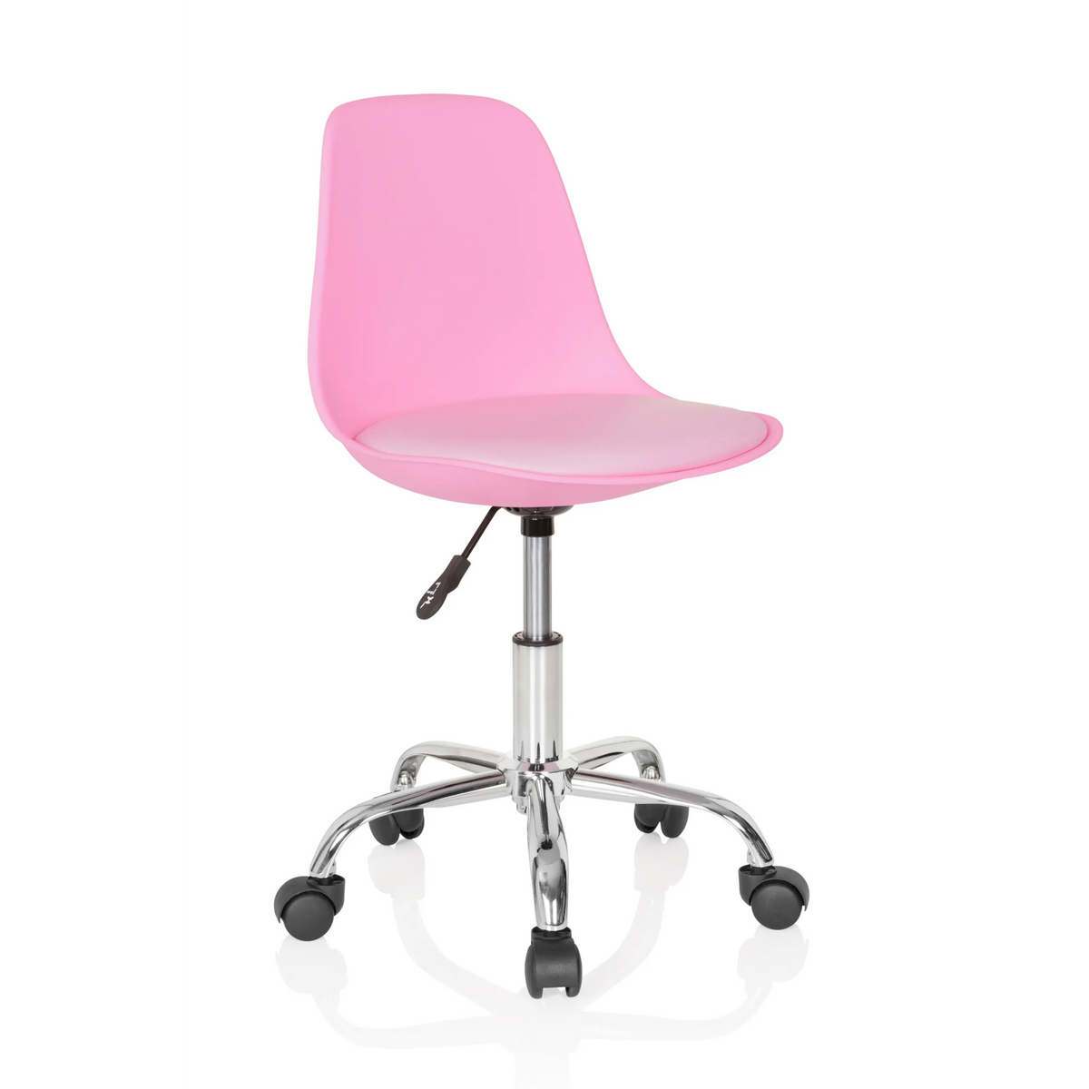 Pink Swivel Chair – Children FANCY II with curved shell and five-caster base by hjh OFFICE – 360-degree view (front three-quarter view 40°)