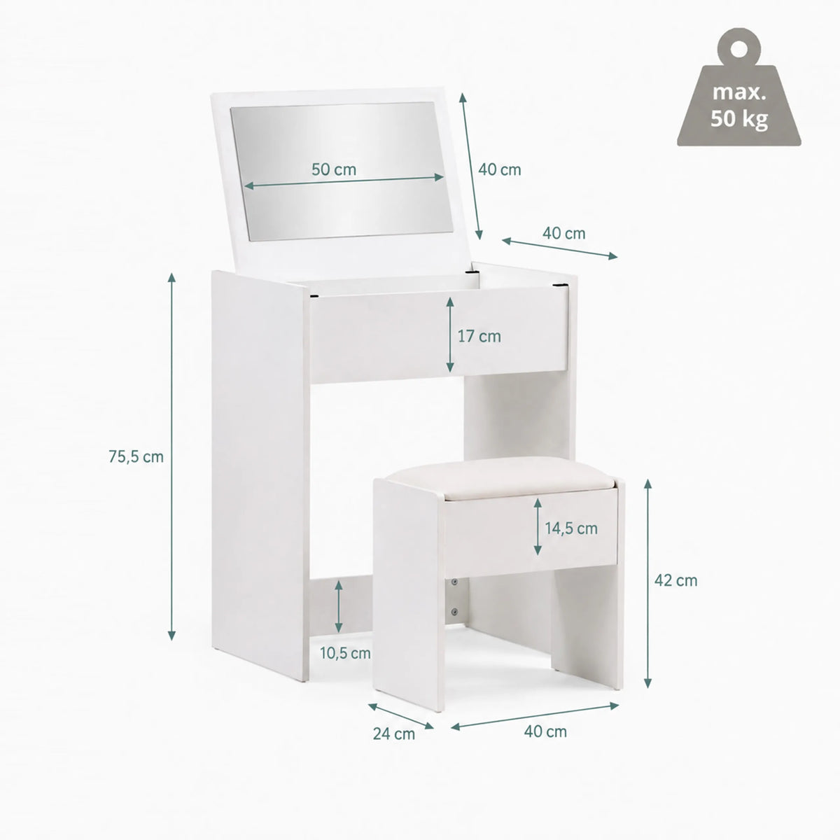 Technical drawing of the Glamdesk makeup mirror with a height of 75.5 cm and depth of 40 cm by hjh LIVING