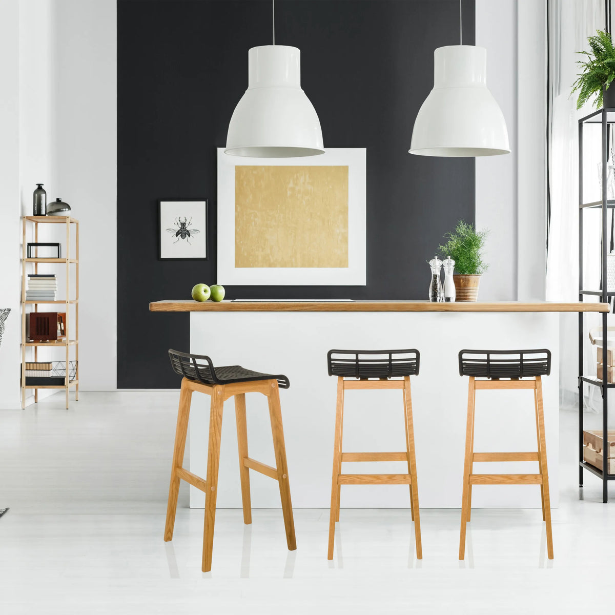Three LONSO W bar stools with oak frames and black seats by hjh OFFICE