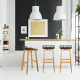 Three LONSO W bar stools with oak frames and black seats by hjh OFFICE