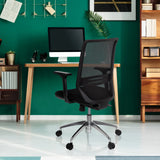 Black Professional Office Chair PROFONDO with mesh backrest and chromed base in front of a desk by hjh OFFICE
