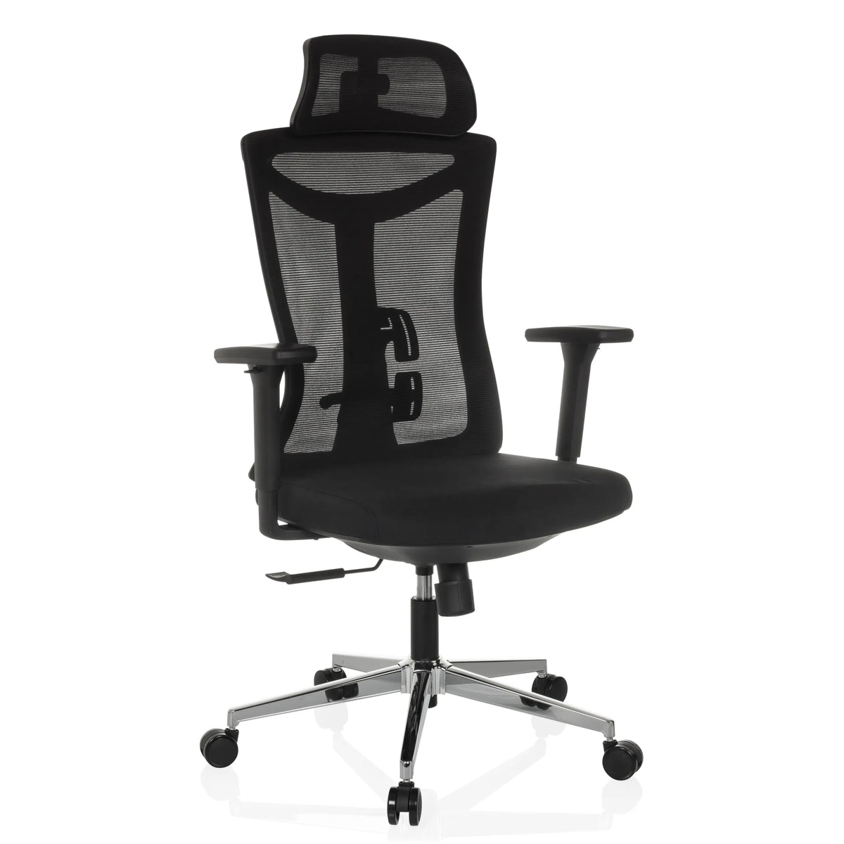 Black Professional Office Chair KAMIAK with mesh back and five-caster base by hjh OFFICE – 360-degree view (front three-quarter view 30°)