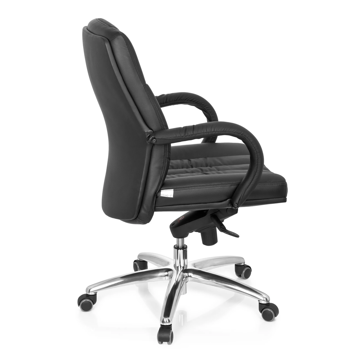 Black Swivel Chair XXL G 100 with quilted upholstery and five-caster base by hjh OFFICE – 360-degree view (side profile 100°)