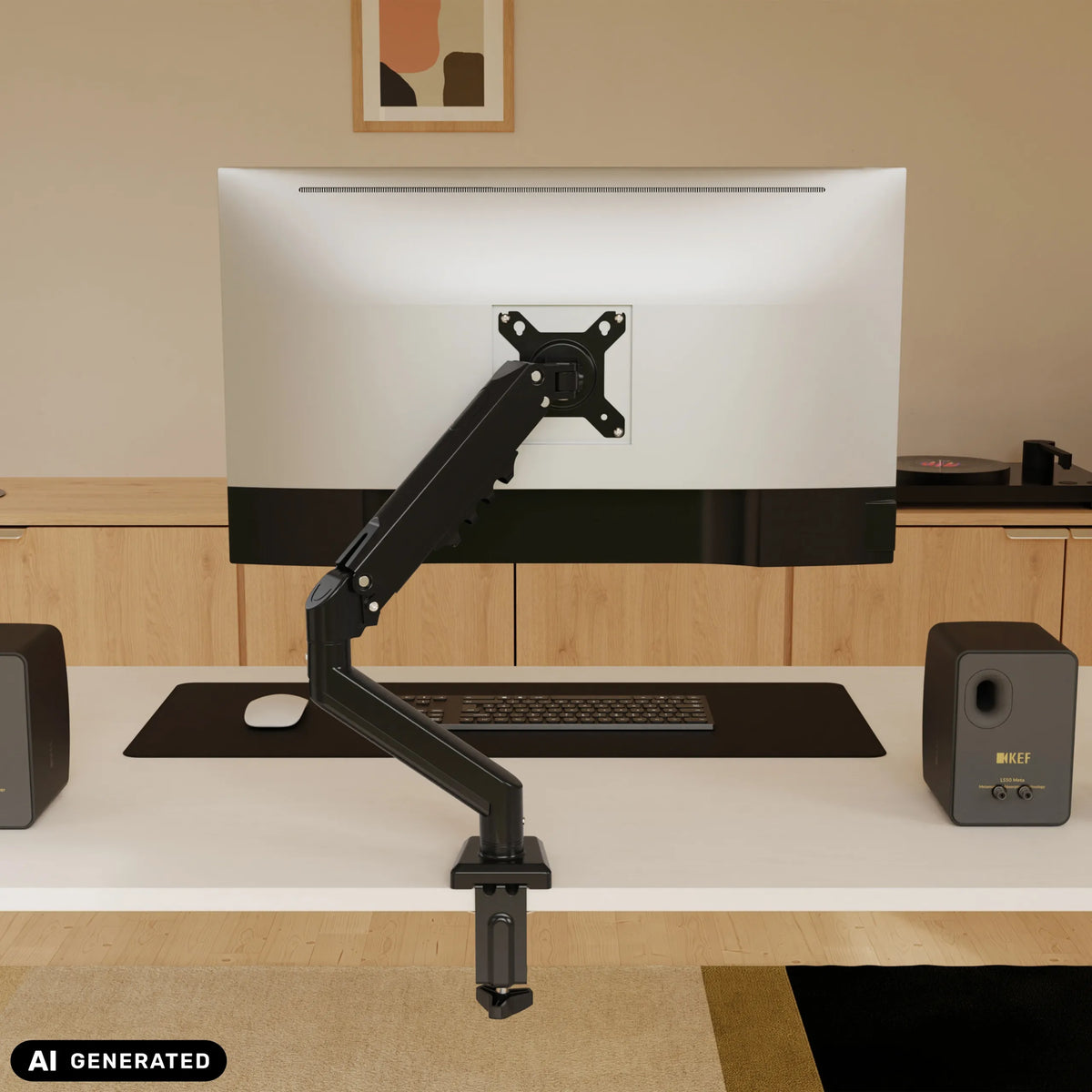 Black Ergomount GF1 monitor mount with articulated arm on a desk by hjh OFFICE (AI-generated image)