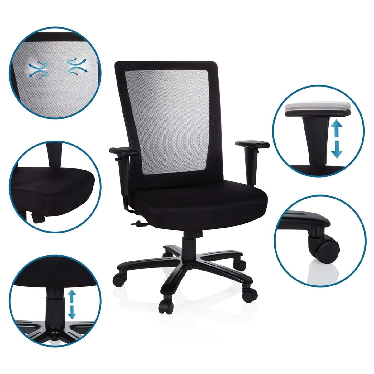 XXL EXTENDER swivel chair in black with mesh backrest, adjustable armrests and gas lift by hjh OFFICE