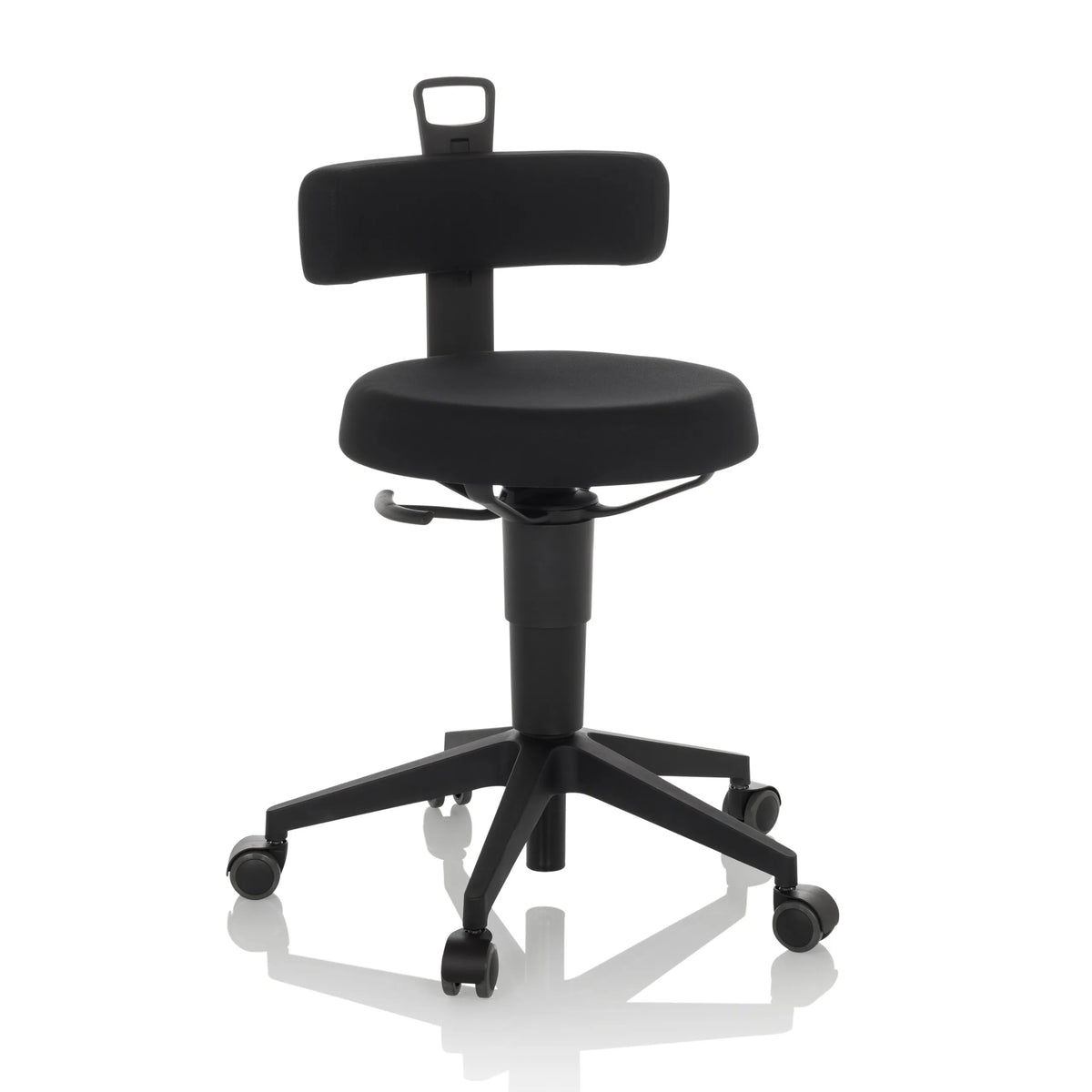 Black Swivel stool TOP WORK FLEX with backrest, handle and five-caster base by hjh OFFICE – 360-degree view (front view 15°)