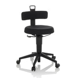 Black Swivel stool TOP WORK FLEX with backrest, handle and five-caster base by hjh OFFICE – 360-degree view (front view 15°)