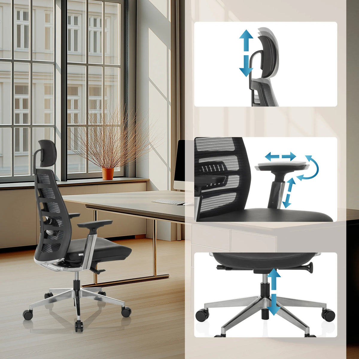 Adjustable headrest, armrests and seat height of the High End Office Chair SPINIO ELITE L by hjh OFFICE