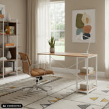 Easy Up2 office desk in white and oak with integrated shelving by hjh LIVING (AI-generated image)