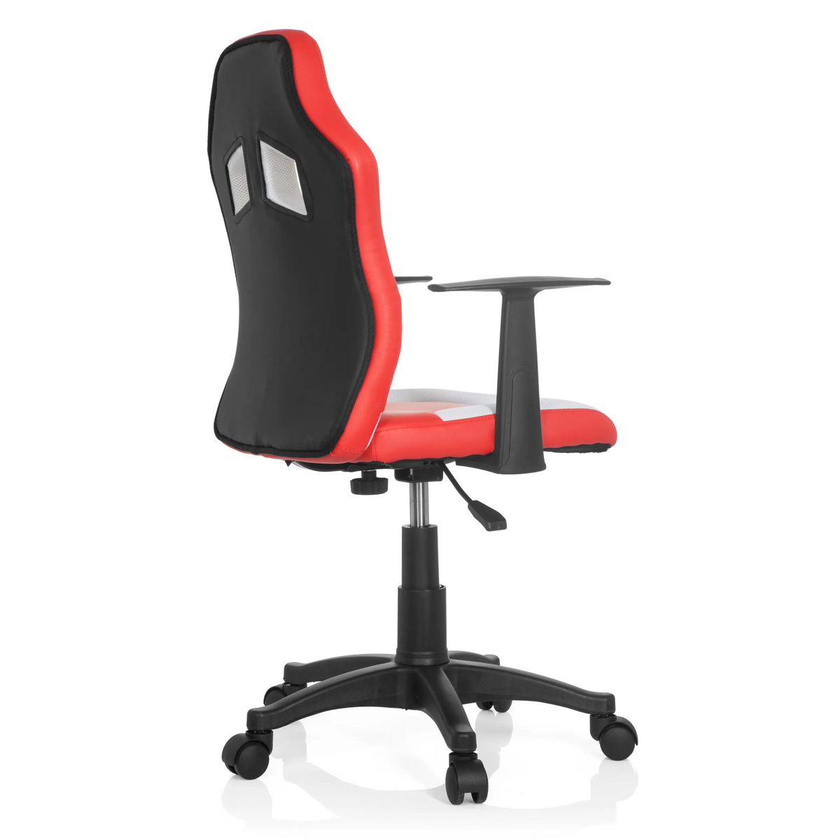 Red and white TEEN GAME AL swivel chair for children with armrests and black five-caster base by hjh OFFICE – 360-degree view (rear three-quarter view 120°)