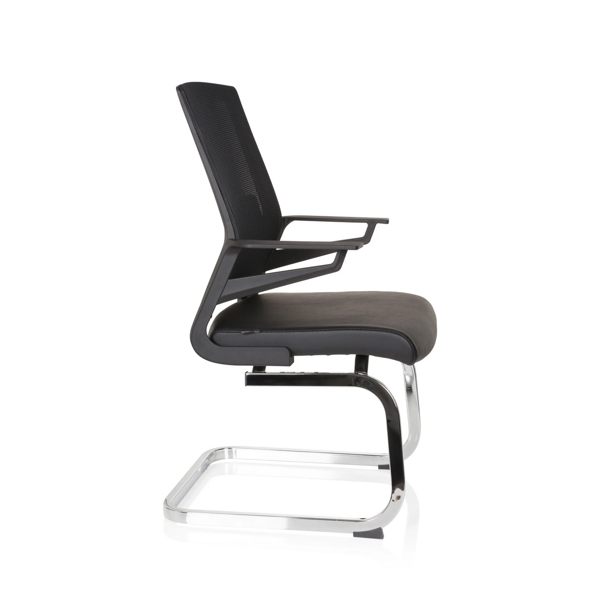 Black Cantilever chair INVENTOR V PRO with mesh back, armrests and sled base by hjh OFFICE – 360-degree view (side profile 80°)
