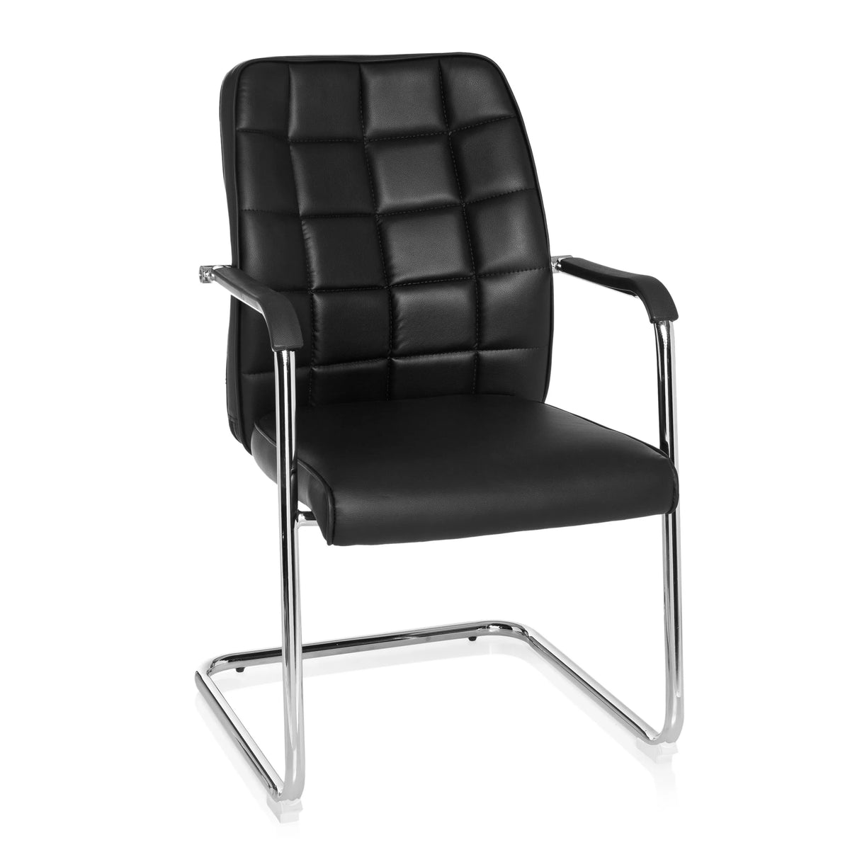 Black cantilever chair FLEXO V with square stitching and armrests by hjh OFFICE – 360-degree view (front view 20°)