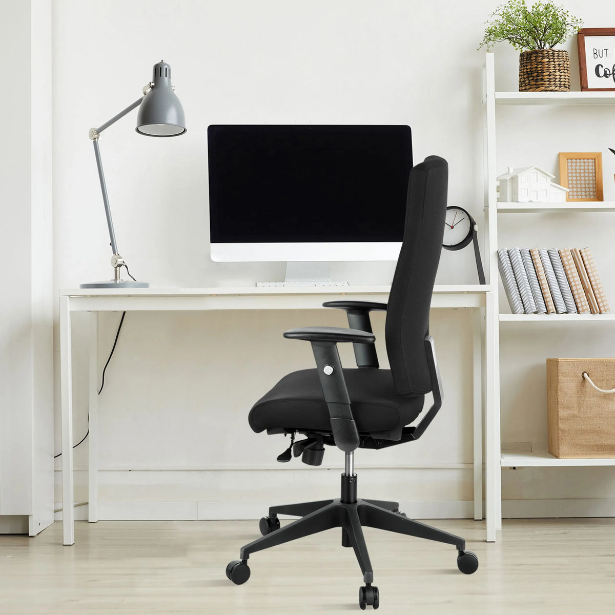 Black Professional Office Chair PRO-TEC 300 with armrests and castors at a white desk by hjh OFFICE