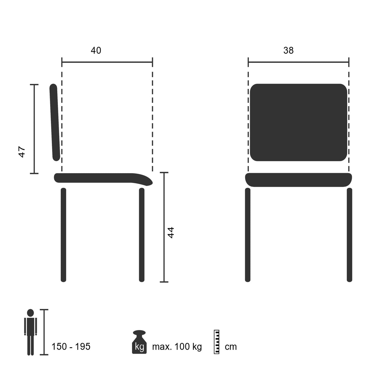 Technical drawing of the Folding chair ESTO with a seat height of 44 cm by hjh OFFICE